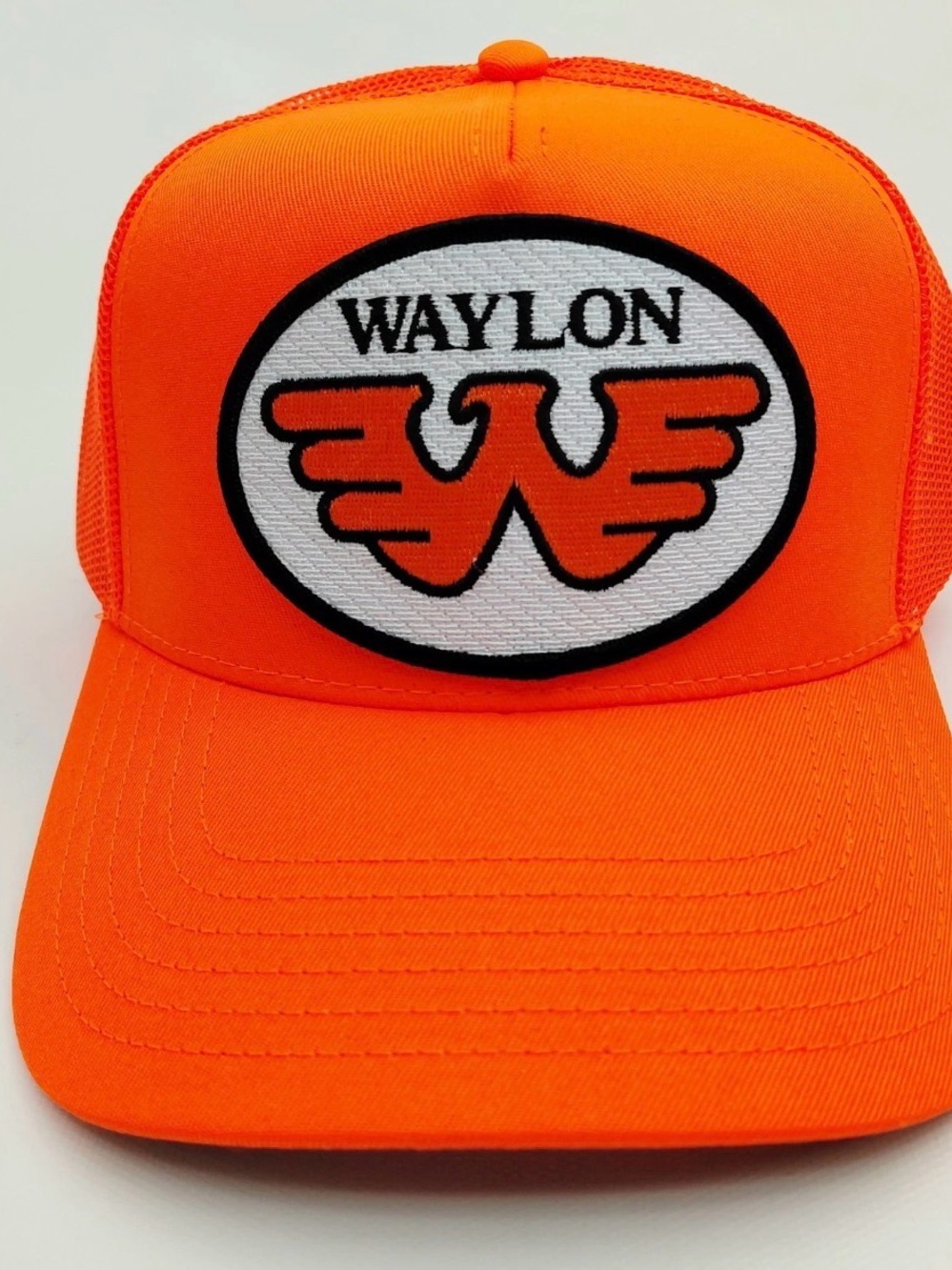 Waylon J.  Embroidered Patch Hat Cap Cotton Mesh Snapback Neon Orange Hunting